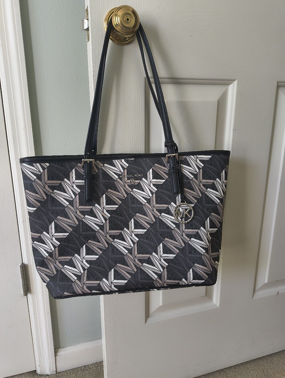 Michael Kors Geometric Black Taupe White Logo Tote